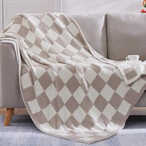 WRENSONGE Checkered Throw Blanket, Taupe Microfiber Soft Cozy Fluffy Warm Hand Made Throw Blankets for Couch, Sofa, Chair, Bed, Camping, Picnic, Travel Lightweight Bed Blanket - 50"*70"