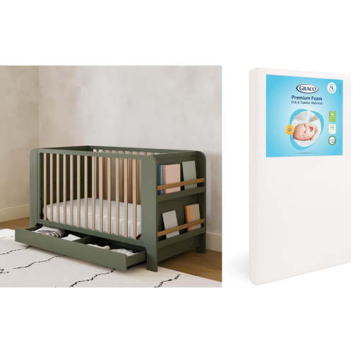 Graco Read-with-Me 4-in-1 Convertible Crib and Premium Crib & Toddler Mattress Bundle, Olive with Driftwood