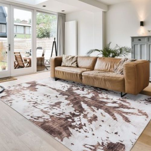 Crystal Print Charley Cow Brown Ivory Modern Casual Animal Print Livingroom Dining Bedroom Flat Pile Easy Care Indoor Area Rug, 6x9