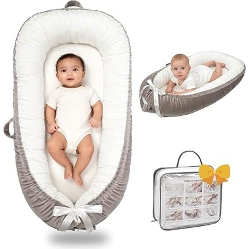 Baby Lounger-Breathable and Soft Organic 100% Cotton, Portable Infant Lounger with Removable Lounger Cover, Floor Lounger for Newborn - Grey White
