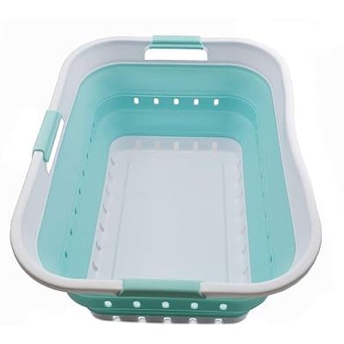 SAMMART 42L (11 gallon) Collapsible Plastic Laundry Basket - Foldable Pop Up Storage Container/Organizer - Space Saving Hamper/Basket (1, White/Lake Green)