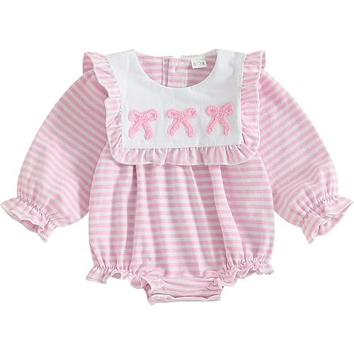 Newborn Infant Baby Girl Fall Outfit Long Sleeve Bubble Romper Pink Doll Collar Cute Bow Embroidery Clothes 3-6 months