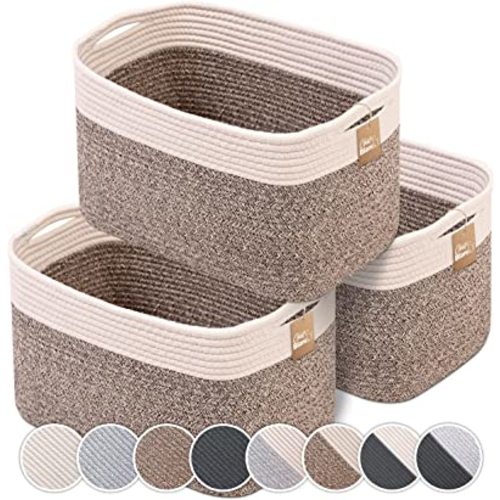 CHAT BLANC Cotton Rope Baskets for Organizing | Storage Baskets for Shelves | Small Laundry Woven Baskets for Storage, Dog Toy Bin, Baby Basket,Off White&Brown 3 Pack