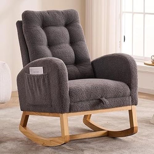 NIOIIKIT Nursery Rocking Chair, Teddy Upholstered Glider Chair with Footrest, Tufted Rocker Recliner with Side Pocket, Comfy Recliner Glider, Accent Chair for Living Room (Grey Teddy)