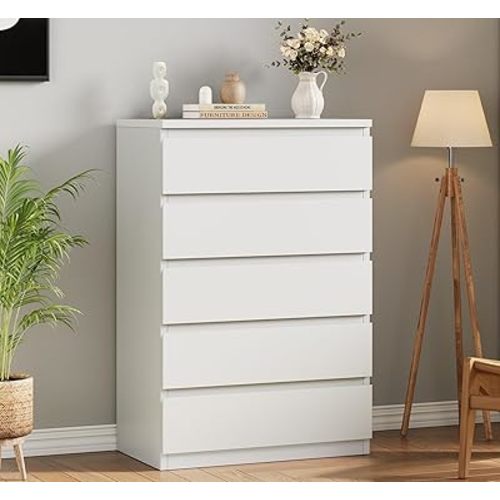 Modern White 5 Drawer Dresser for Bedroom, Simply Chest of Drawers, Wood Storage Dresser with Deep Drawers for Living Room Hallway Entryway, White