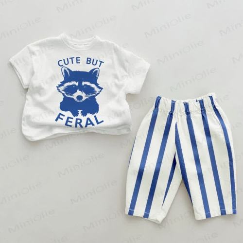 CUTE BUT FERAL Baby Raccoon Blue Vertical Striped 2-piece Set