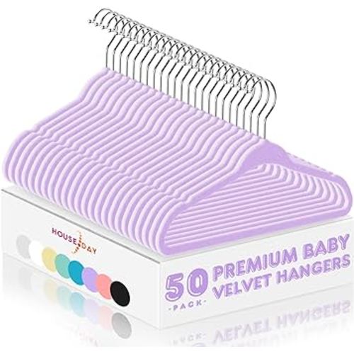 HOUSE DAY Velvet Baby Hangers 50 Pack, Premium Children's Hangers for Baby, Infant & Toddler Clothes, Durable Non Slip Baby Felt Hangers Purple, 11 Inch Baby hangers for Closet, Ideal for Everyday Use