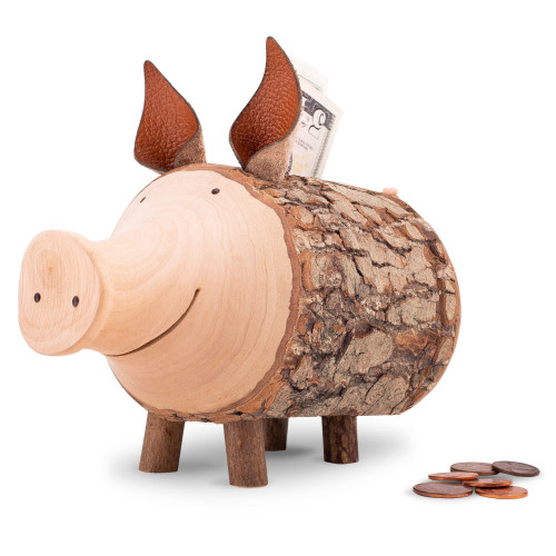 Rustic Wooden Piggy Bank with Bark – 100% Natural, Durable & Eco-Friendly