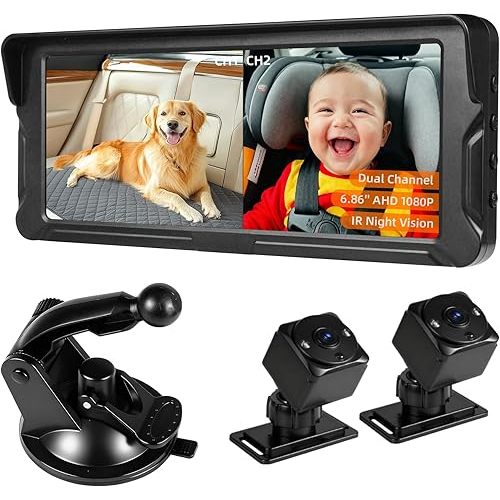 Baby Car Camera for 2 Kids 1080P Split-Screen Monitor Dual Cam Rear-Facing Cameras IR Night Vision 360° Rotatable Backseat Screen, Car Seat Mirror Alternative (0079 with 6.86in Monitor)