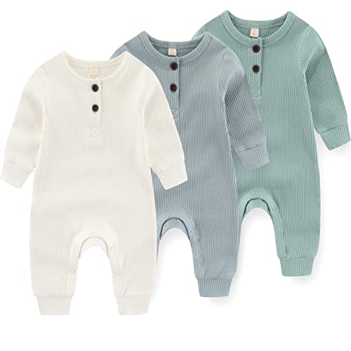 IADOER Newborn Baby Boys Girls One Piece Romper With Mitten Cuffs 3 Pack Long Sleeve Ribbed Button Jumpsuit Outfit Clothes