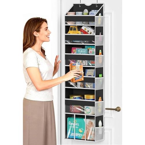 Over The Door Organizer Hanging - 6 Shelf Over Door Organizer with 6 Clear Front & 12 Side Pockets - 50LB Load Behind Storage for Closet Bedroom Bathroom Nursery Baby Essentials(Black)