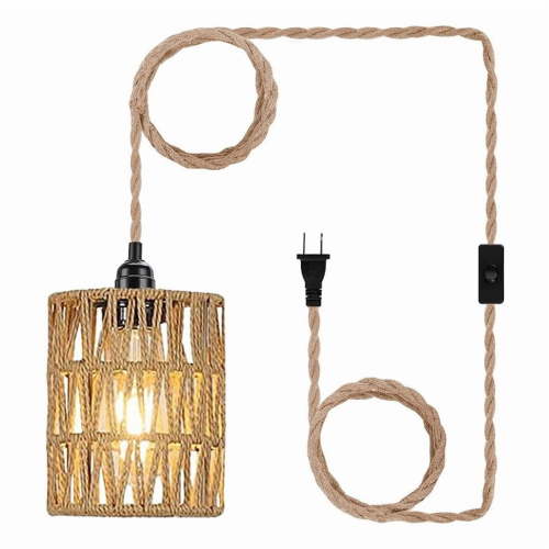 Boho Plug in Pendant Light, Hanging Light with Cord, Ceiling Lamp Rattan Cylinder Shad pwm25
