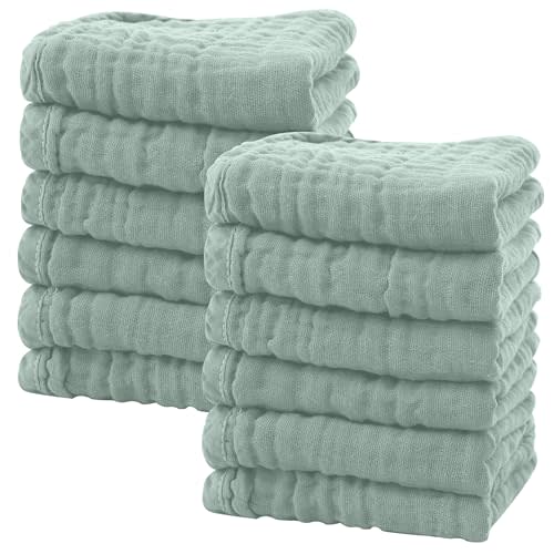 SWEET DOLPHIN 12 Pack Baby Muslin Washcloths - Soft Face Cloths for Newborn, Absorbent Bath Wash Cloths, Wipes, Burp Rag - Toddlers Essentials Stuff, Baby Registry as Shower -10"x10", Green