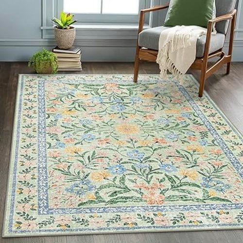 Wonnitar Boho Floral Living Room Area Rug, Washable 5x7 Rug for Bedroom Dining Room Non Slip, Sage Green Botanical Soft Non Shedding Carpet for Dorm Playroom Nursery