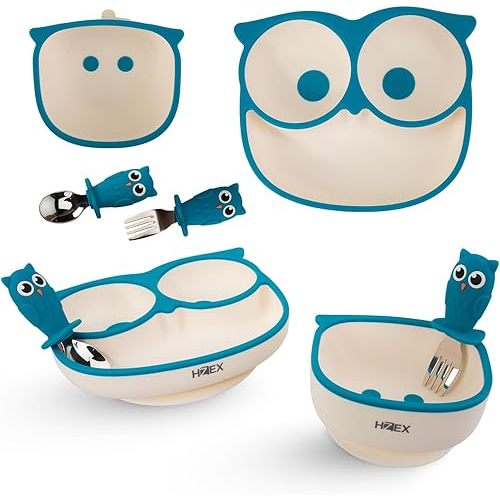 Owls Led Weaning Supplies, Toddler Silicone Feeding Set, Silicone Suction Bowls for Self Feeding, 2 Bowls, Spoon and Fork, Baby Feed Flatware and Dishwasher Safe (Blue)