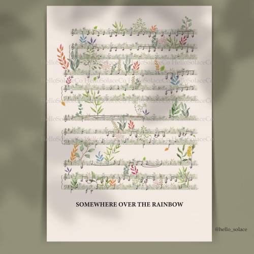 Music Sheet Inspired Print - Somewhere Over The Rainbow, Hand-Drawn/Written, Nursery Art, anniversary gift, Maternity Baby Shower Gift