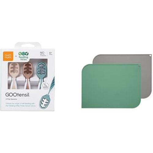 NumNum Feeding Littles, 3 Spoons, Neutrals Plus Placemats, 2 Pack, Gray/Green