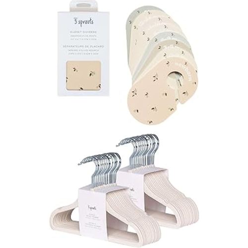 3 Sprouts Closet Dividers & Hangers Bundle - 8 Baby Size Dividers (Olive) and 30 Velvet Hangers for Baby Clothes (Cream)