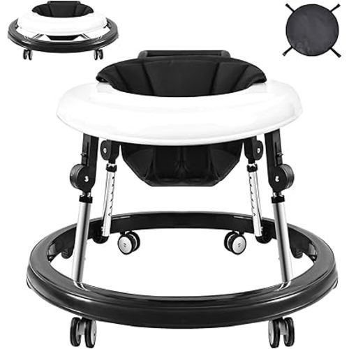 Baby Walker, Foldable 9-Gear Height Adjustable Baby Walker with Wheels, Infant Toddler Walker with Foot Pads, Anti-Fall Baby Walkers and Activity Center Bouncer Combo for Boys and Girls 6-24 Months