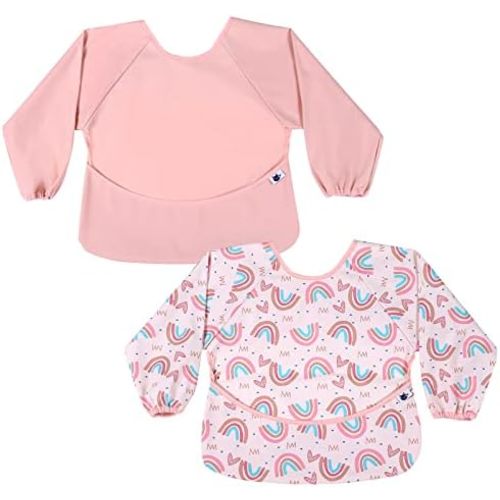 SPINFOX 2 Pack Baby Smock for Eating, Mess Proof Baby Bib, Waterproof Toddler Baby Feeding Bibs Shirt for Girl 6-24 Months