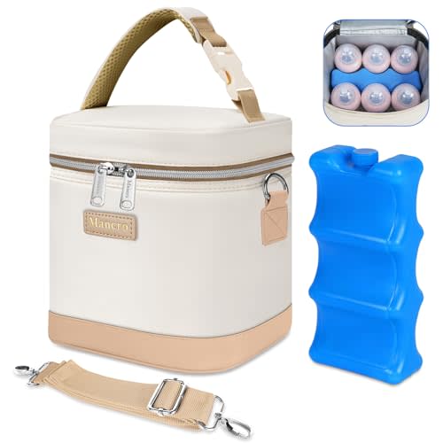 Mancro Insulated Baby Bottle Cooler Bag with Ice Pack, Breastmilk Storage Tote Fits 6 x 9oz Bottles, Waterproof Bottle Bag Companion for Breastfeeding Moms,Cream & Light Brown