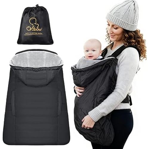 Orzbow Winter Baby Carrier Cover with Detachable Hood, Waterproof & Windproof, Universal for Baby Carriers and Baby Waist Stool, Baby Bunting Bag for Car Seats and Strollers with Storage Bag, Black