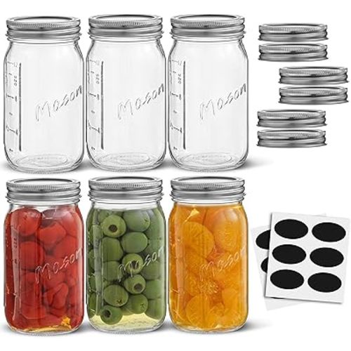 16 Oz Mason Jars With Lids, Labels and Measures! 6-Pack Regular Mouth Mason Jars, Glass Jar with Lid and Band. Airtight Canning Jars, Overnight Oats Jars, Salad Jars, Sourdough Starter Jar