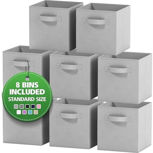Set of 8 Foldable Fabric Storage Cube Bins | Collapsible Cloth Organizer Baskets Containers | Folding Nursery Closet Drawer | Features Dual Handles | Beautiful Colors Available (Light Grey)