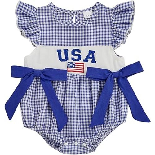 My First 4th Of July Baby Girl Outfit Newborn Smocked Bubble Romper Infant Memorial Day Bodysuit Patriotic Clothes