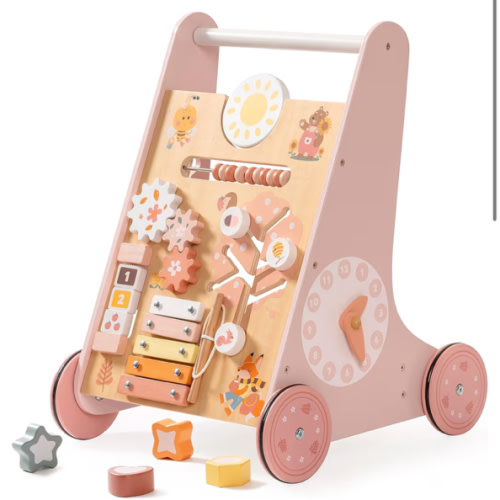 ROBUD Wooden Baby Walker, Baby Push Walker with Activity Center and Storage, Montessori Walker Toy for Boys and Girls Learning to Stand and Walk, Pink