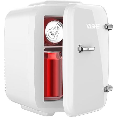 YASHE Mini Fridge, 4 Liter/6 Cans Small Refrigerator for Skincare, 110V AC/ 12V DC Thermoelectric Cooler and Warmer for Drink Office Dorm Bedroom Car, White
