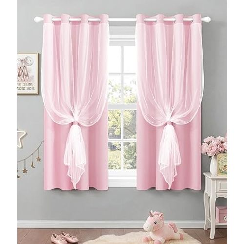 100% Blackout Curtains with Sheer Overlay, 2 Panels Thermal Insulated Double Layer Grommet Drapes for Girls Bedroom Living Room Darkening Apartment Windows Decor, 52" W x 63" L, Pink