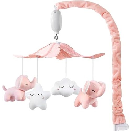 FEISIKE Baby Crib Mobile for Girls Boys with 3 Modes Digital Musical Motor(Rotating Only, Music Only, Rotating & Music, 35 Lullabies, Pink Elephant Nursery Mobile, Knob Type