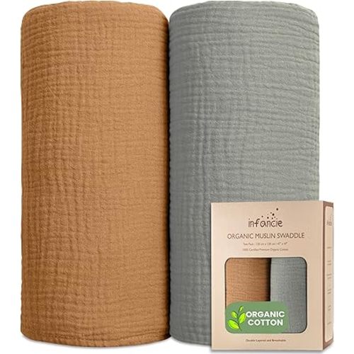 Organic Cotton Muslin Baby Blanket - 47x47 Inch Breathable Swaddle, Hypoallergenic Double-Layer, Versatile Use (Gold/Sage)