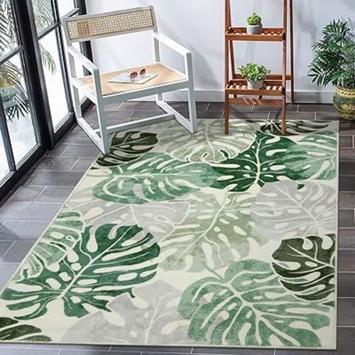 Wonnitar Monstera 3x5 Washable Rug, Sage Green Leaf Area Rugs for Bedroom, Non-Slip Living Room Entry Throw Mat, Low Pile Faux Wool Indoor Carpet for Kitchen Bathroom Office