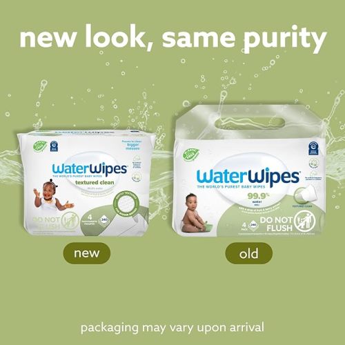 WaterWipes Plastic-Free Textured Clean, Toddler & Baby Wipes, 99.9% Water Based Wipes, Unscented & Hypoallergenic for Sensitive Skin, 60 Count (Pack of 4), Packaging May Vary