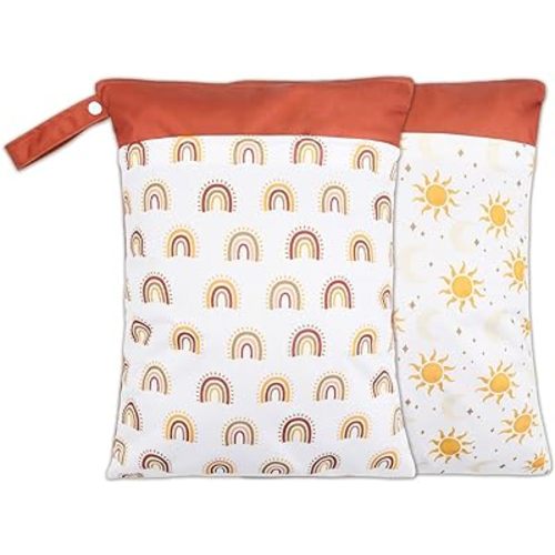 2 Pack Wet Dry Bags for Baby Cloth Diapers&Breast Pump Parts, Waterproof Reusable Wet Bag with Two Zippered Pockets & Handle, Beach Pool Gym Bag Stroller Yoga Toiletries Daycare Organizer for Swimsuit Wet Clothes, 11.8 inch x 15.7inch