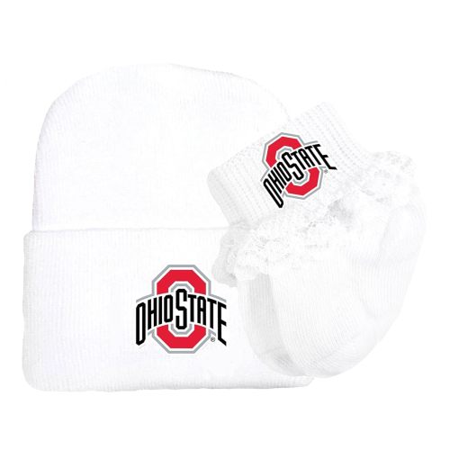 Ohio State Buckeyes Newborn Baby Knit Cap and Socks with Lace Set White