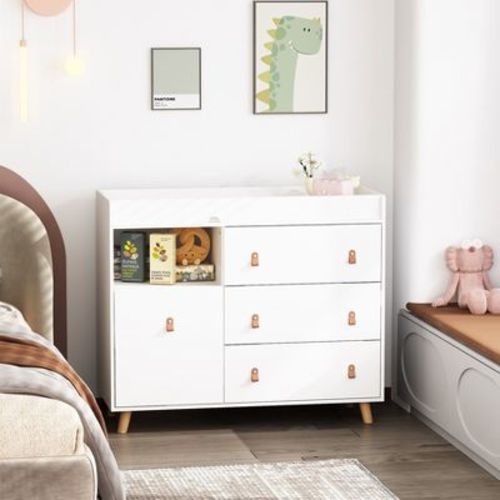 Fufu&gaga White 3-drawer Baby Changing Table With Safety Strap & Leather Handles Modern Family Storage Solution For Hassle-free Parenting