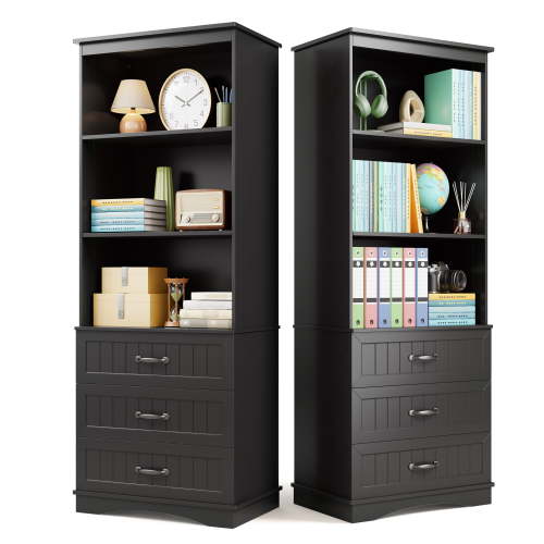 69.7" Tall Bookshelf, Lofka Bookcase with 3 Large Drawers, 3 Tier Storage bookshelf for Home Office, Living Room, Black