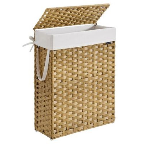 SONGMICS Slim Laundry Hamper with Lid, Synthetic Rattan Clothes Laundry Basket with Lid and Handles, Foldable, Removable Liner, Goose Yellow