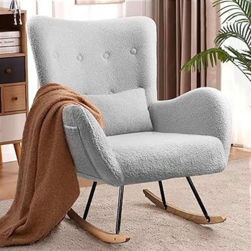 Waleaf Rocking Chair Nursery, Teddy Upholstered Rocking Chair Indoor with High Backrest Glider Accent Chair, Padded Seat Nursing Chair Comfy Chair for Bedroom (Light Gray)