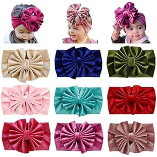 Cinaci 9 Pack Solid Soft Velvet Stretchy Knot Bowknot Hair Bows Wide Headbands Headwraps Autumn Winter Hair Accessories for Baby Girls Infants Toddlers Kids