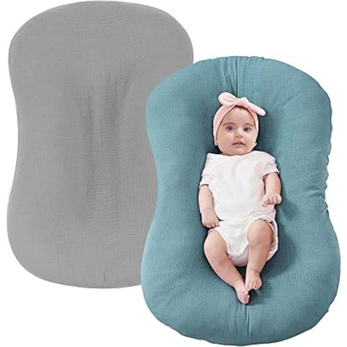 FUNUPUP Muslin Baby Lounger Cover Only Compatible with Snuggle Me Lounger, Infant Lounger Pillow Cover for Newborn, Removable Newborn Lounger Cover for Boys and Girls, Only Cover, Grey & Blue