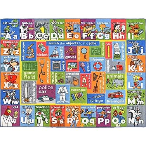 KC Cubs | Looney Tunes Kids Educational Rug ABC Alphabet, Jobs & Objects Matching Learning & Fun Game Area Non Slip Rug Carpet for Kids and Children Bedroom, Classroom and Playroom