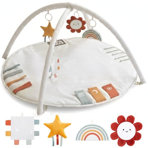 Beautiful Baby Play Gym and Tummy Time Mat - Soft Cotton Mat with 4 Cute Toys & Cards Creates The Perfect Activity Area for Your Girl/Boy - Stylish Infant Floor Playmat for Any Playroom Decor