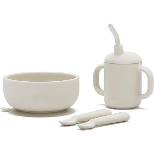 Lalo First Bites Silicone Baby Feeding Set - Baby Led Weaning Supplies - Non-Toxic Silicone - Includes 2 Spoons, Training Cup, & Suction Bowl - 4 Pieces - Oatmeal