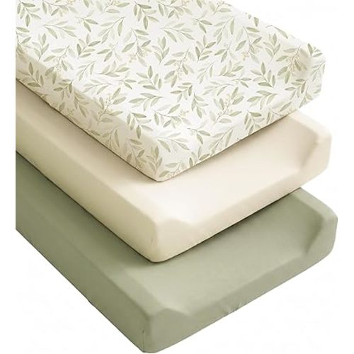 Konssy Silky Soft Changing Pad Cover 3 Pack, Ultra-Stretchy Diaper Changing Table Sheets, Breathable Snug Fit for Standard 32" x 16" Contoured Pads, Boho Neutral Sheets for Boys & Girls (Green Leaf)