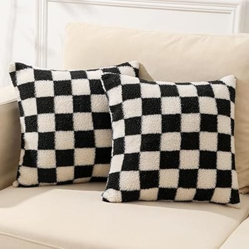WEMEON Checkered Pillow Cover 18x18 Set of 2Luxury Style Checkerboard Pattern Cushion Case,Checkerboard Pattern Super Soft Faux Fur Wool Throw Pillows for Couch Living Room(Black/White)