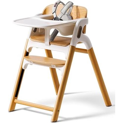 Momcozy DinerPal Wooden High Chair for Babies, Toddlers & Adults Up to 308 Lbs, Convertible Baby Highchair with Food-Grade Tray, Dishwasher-Safe, Adjustable & Ergonomic, Natural Wood